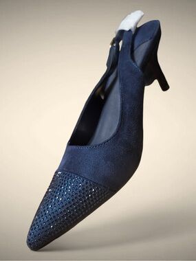 Navy Suede Pointed Toe Slingback Pumps with Crystal Detail